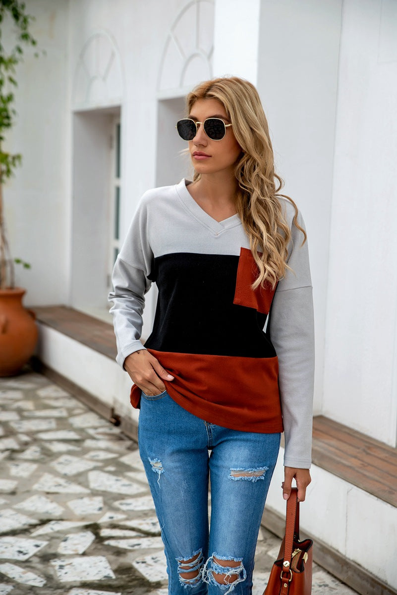 Eaby V neck Long Sleeve Stitching Three Color Brushed Hoody Striped Top Women