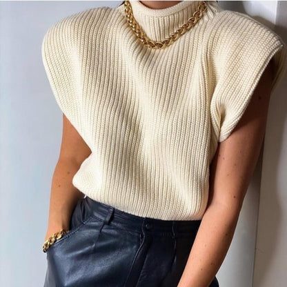 Autumn Winter Women Solid Color Sleeveless Turtleneck Casual Shoulder Pad Top Sweatervest