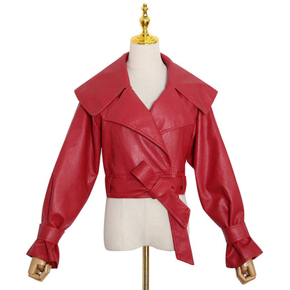 Spring Elegant Collared Lace Up Waist Solid Color Faux Leather Motorcycle Jacket Women