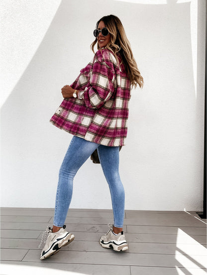 New  Internet Celebrity Autumn Winter Loose Casual Retro Plaid Long Sleeve Shacket for Women Plus Size