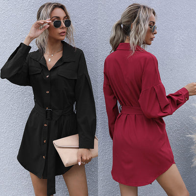 Women  Clothing Autumn  with Belt Solid Color Long Sleeve Cardigan Long Shirt for Women