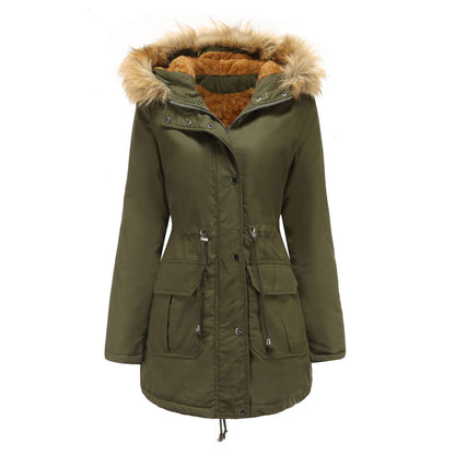 New Size Fleece Lined Coat Hooded Fur Collar Winter Warm Coat Plus Size Women Cotton-Padded Jacket