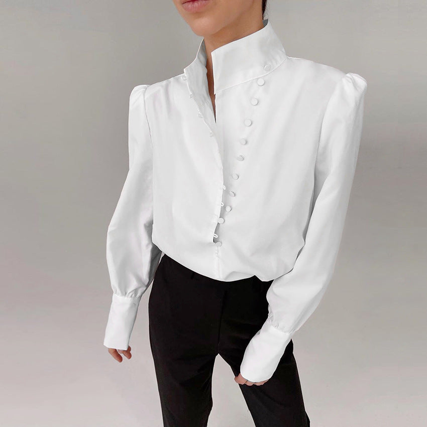 Stand Collar Long Sleeve Shirt Women Autumn Loose White Office Casual Shirt