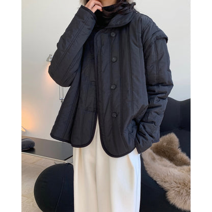 Winter Collared Cotton Padded Coat with Loop Buckle Loose Warm Comfortable Coat Women Thick