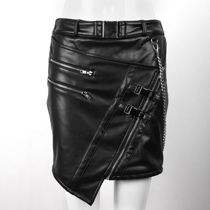 Skirt Autumn Winter Slim Fit Slimming Zipper Belt Irregular Asymmetric Leather Hip Skirt Women