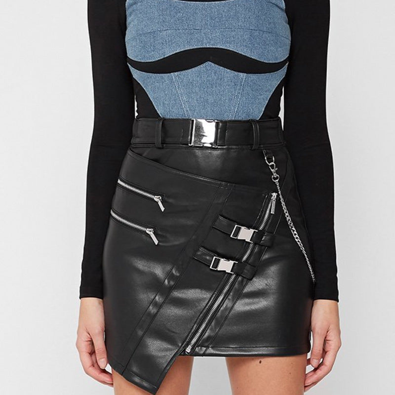 Skirt Autumn Winter Slim Fit Slimming Zipper Belt Irregular Asymmetric Leather Hip Skirt Women