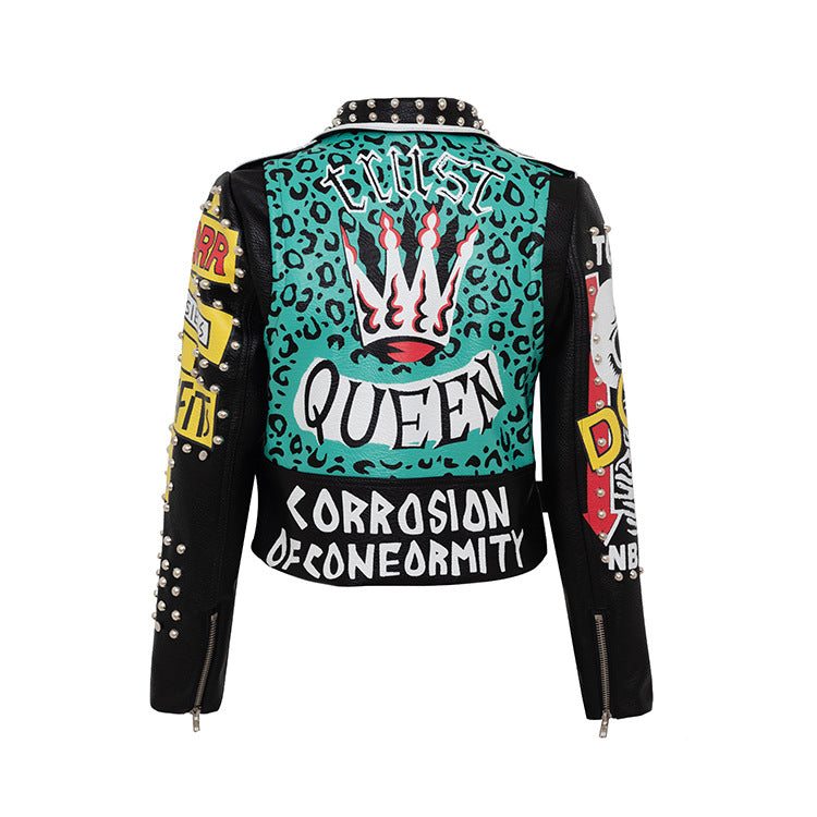 Punk Graffiti Printing Leather Jacket Contrast Color Badge Motorcycle Leather Coat Women Faux Leather Slim Slimming Short Coat Women Top