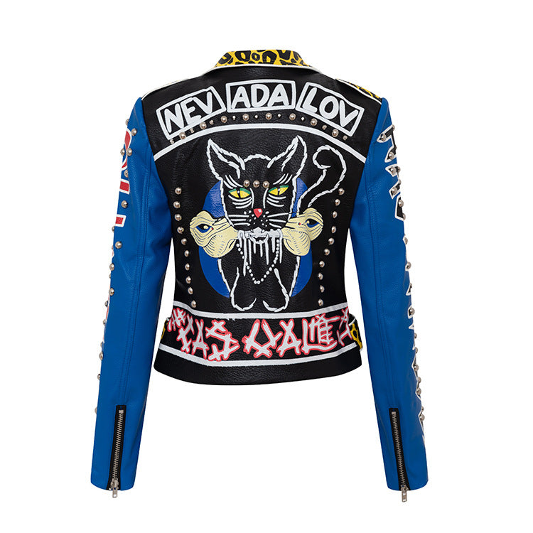 Brand Graffiti Printing Motorcycle Clothing Short Rivet Leather Jacket Women Autumn Winter Personalized Motorcycle Leather Jacket Women