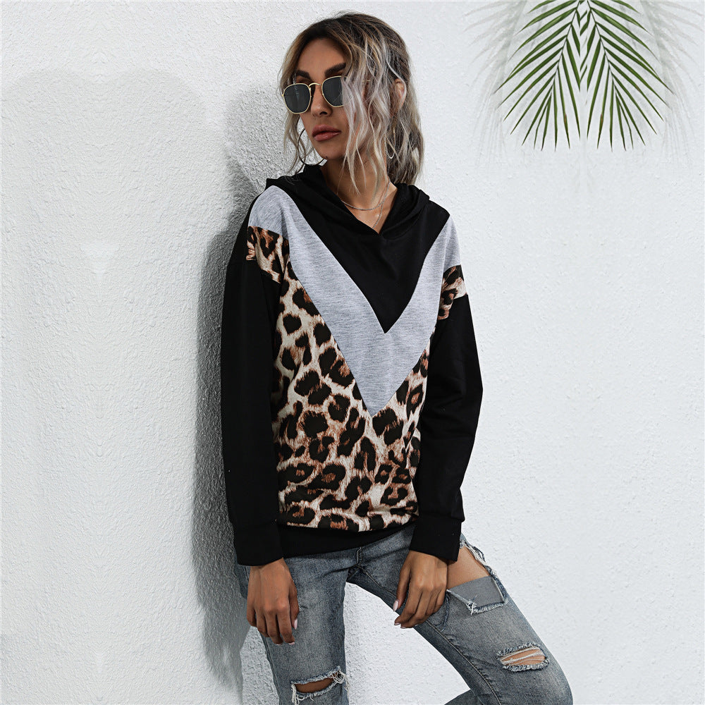 Hooded Leopard Splicing Long Sleeved  Women Casual Slim Fit Contrast Colors Top Women Clothing