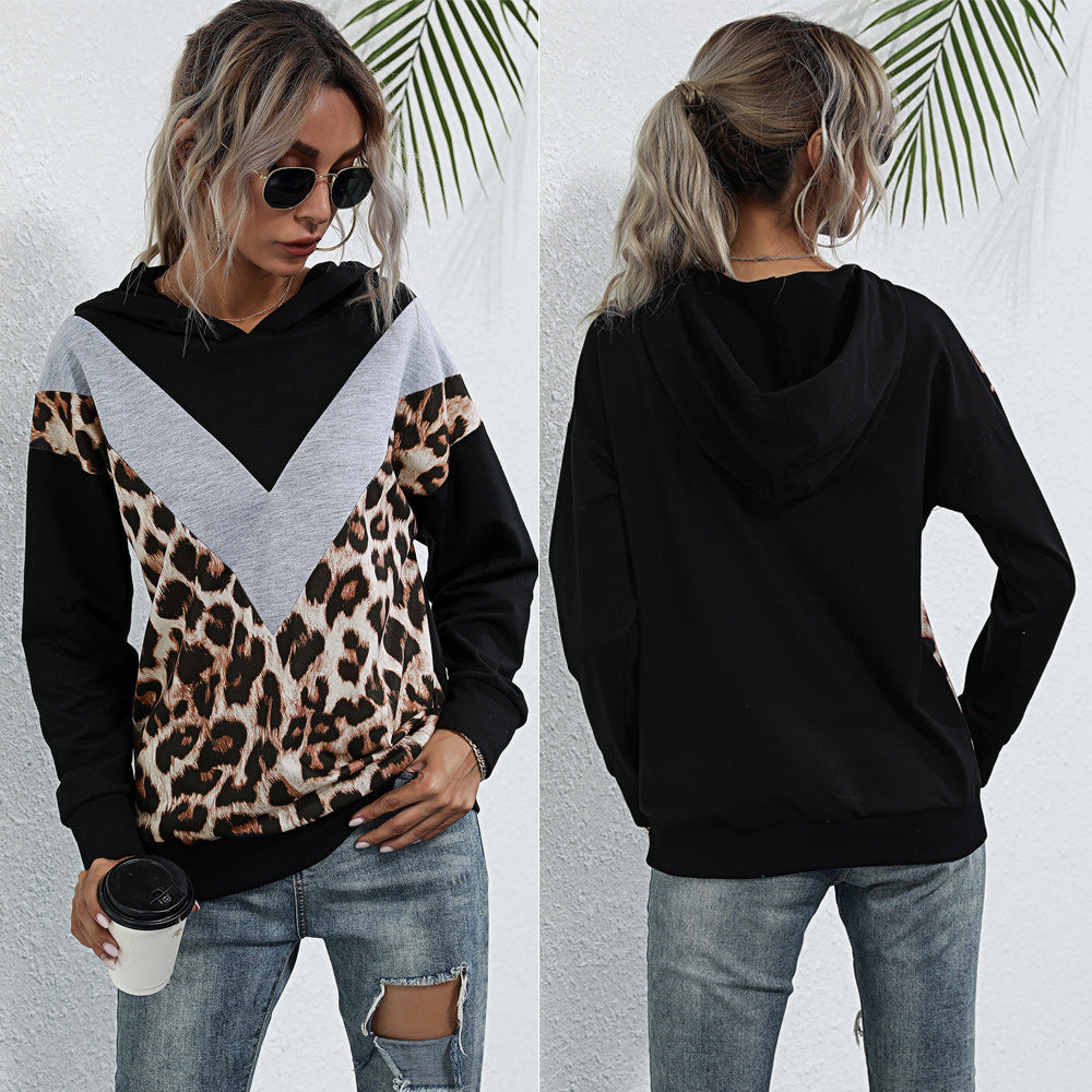 Hooded Leopard Splicing Long Sleeved  Women Casual Slim Fit Contrast Colors Top Women Clothing