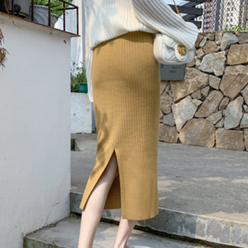 Knitted Skirt Women Autumn Winter with Sweater High Waist Mid Length Wool  Thickened Split Hip Skirt Tide