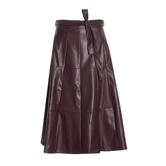 Autumn Australian Brand High Waist Bow Lace up Solid Color Soft Leather Long Large Hem Skirt Women