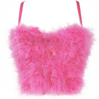 Autumn Winter Inner Wear Solid Color Stitching Furry Camisole Women Feather Tube Top Vest Top