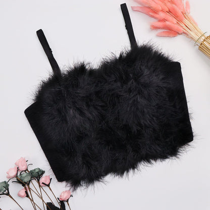 Autumn Winter Inner Wear Solid Color Stitching Furry Camisole Women Feather Tube Top Vest Top