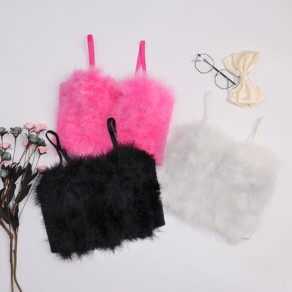 Autumn Winter Inner Wear Solid Color Stitching Furry Camisole Women Feather Tube Top Vest Top