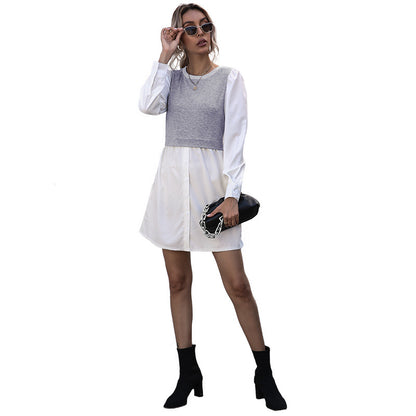 Long Sleeve  Color Contrast Patchwork round Neck Shirt Dress