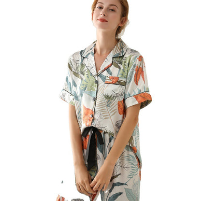 Pajamas Leaf Printed Summer Short Sleeve Imitated Silk Pajamas Lace-up Trousers Cardigan Loose Home Wear