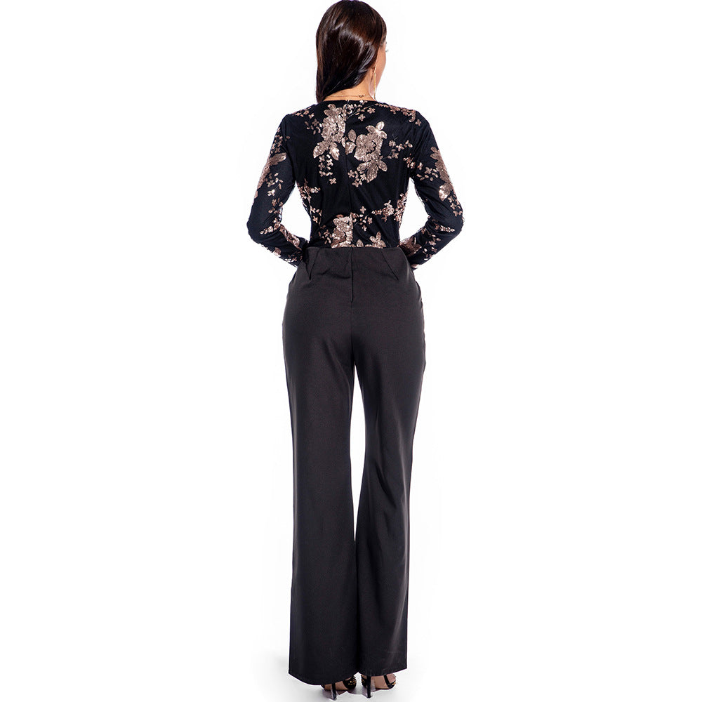 Sexy Retro Long Sleeve Sequin Stitching Jumpsuit Popular Women Clothing