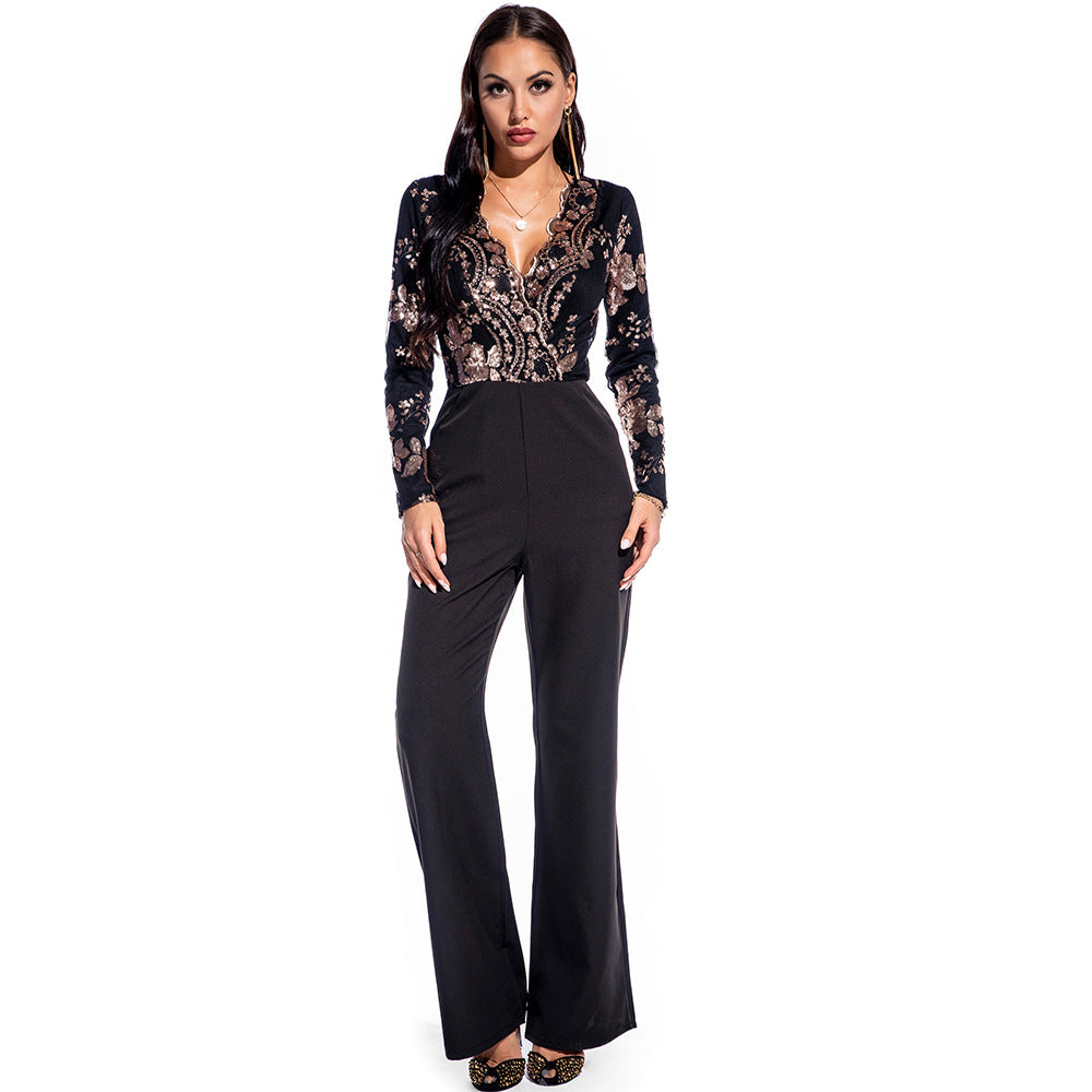 Sexy Retro Long Sleeve Sequin Stitching Jumpsuit Popular Women Clothing