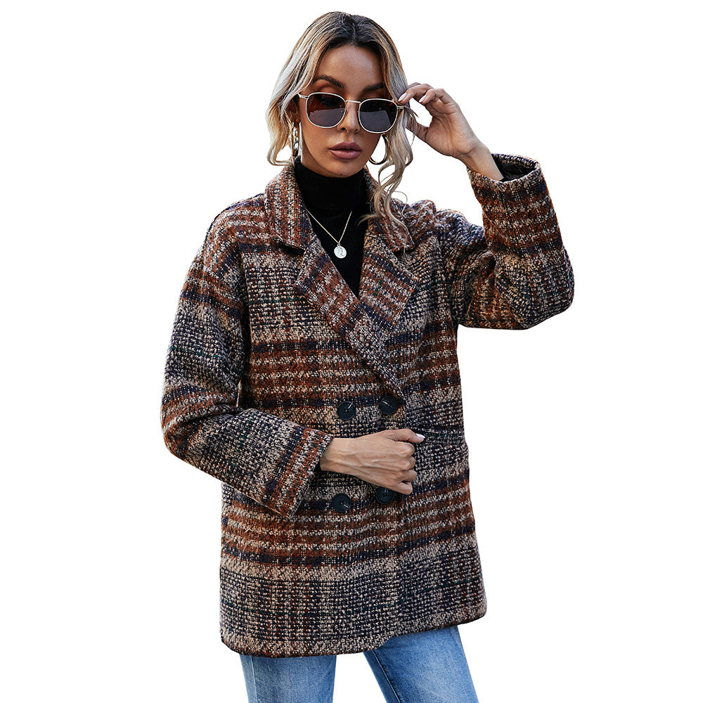 Autumn Winter Women Clothing Tailored Collar Pocket Long Sleeve Loose Thick Woolen Coat Female
