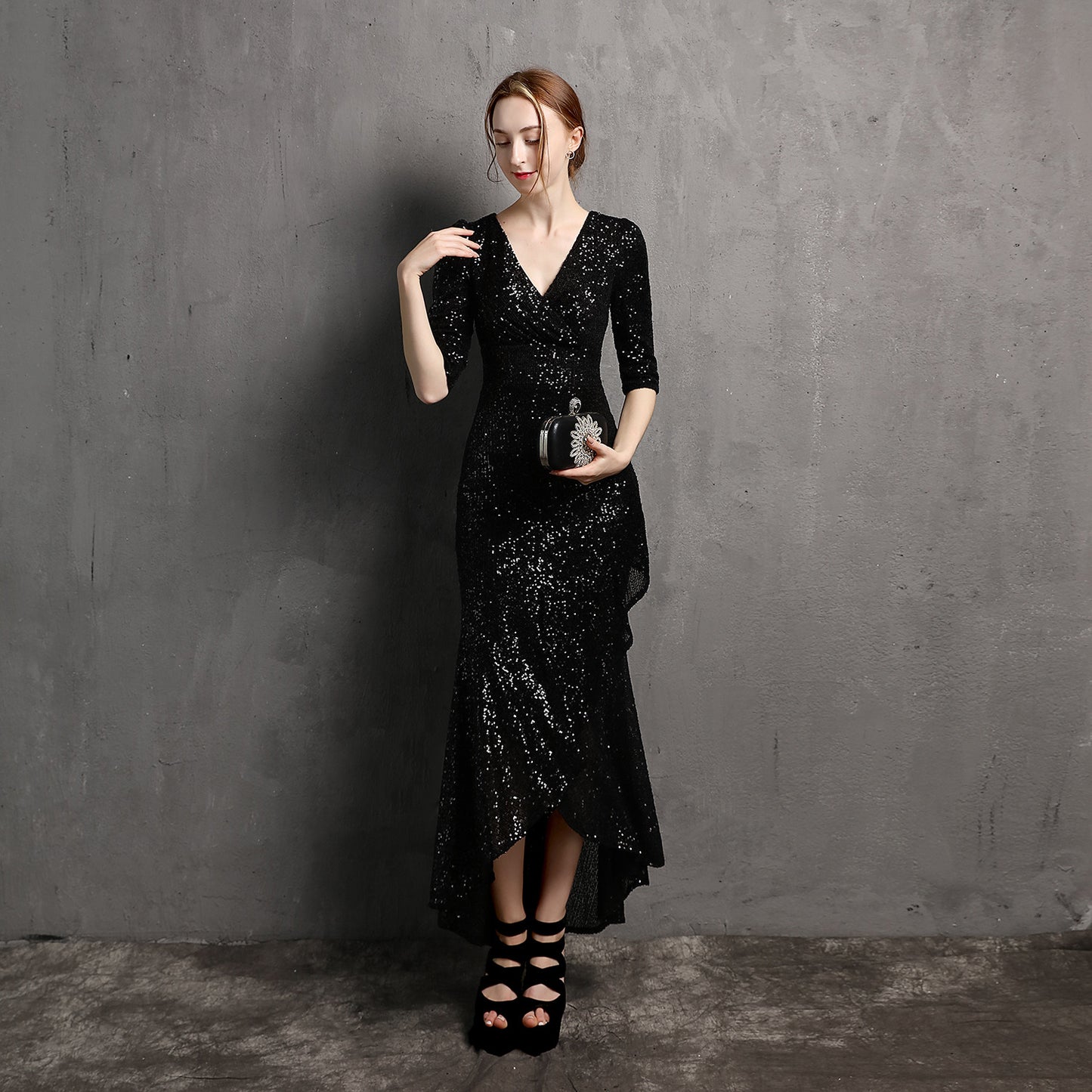 Long Sleeve V-neck Mid-Length Formal Dress  Beaded Dress Wedding Banquet Party Dress Formal Gown