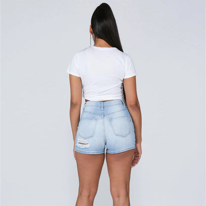 Spring Summer Washed Denim White Hand Frayed Street Trend Jeans For Women
