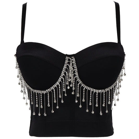 Belly Dance Performance Tube Top Sexy Tassel Chain Small Sling Solid Color with Steel Ring Body Shaping Slim Looking Tube Top