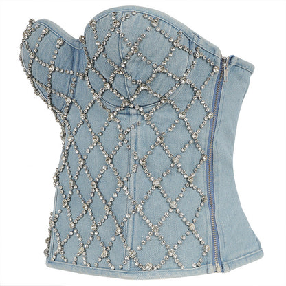 Diamond Beaded Denim Tube Top Strapless Vest Lace up Shaping Slim Fit Performance Wear Zipper Top Women