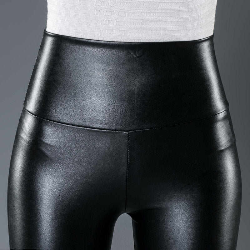 Autumn Plus Size Women Clothing High Waist Leather Shorts Women Personalized Slim Looking Can Wear outside Belly Contracting Faux Leather Leggings Leather Pants