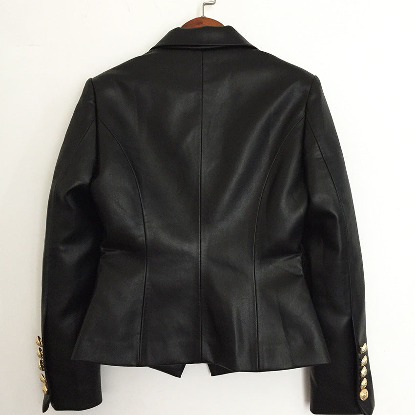 Autumn Winter High-Quality Synthetic Leather Lion Head Metal Buckle Double-Breasted Slim Blazer Leather Coat