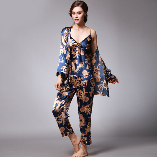 Silk Pajamas Women Spring Summer Dragon Robe Printed Silk Home Wear Three-Piece Suit satin pajamas satin sleepwear