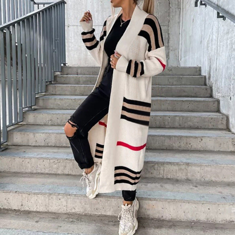 Women's long color block striped cardigan