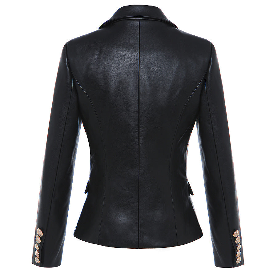 Autumn Winter High-Quality Synthetic Leather Lion Head Metal Buckle Double-Breasted Slim Blazer Leather Coat