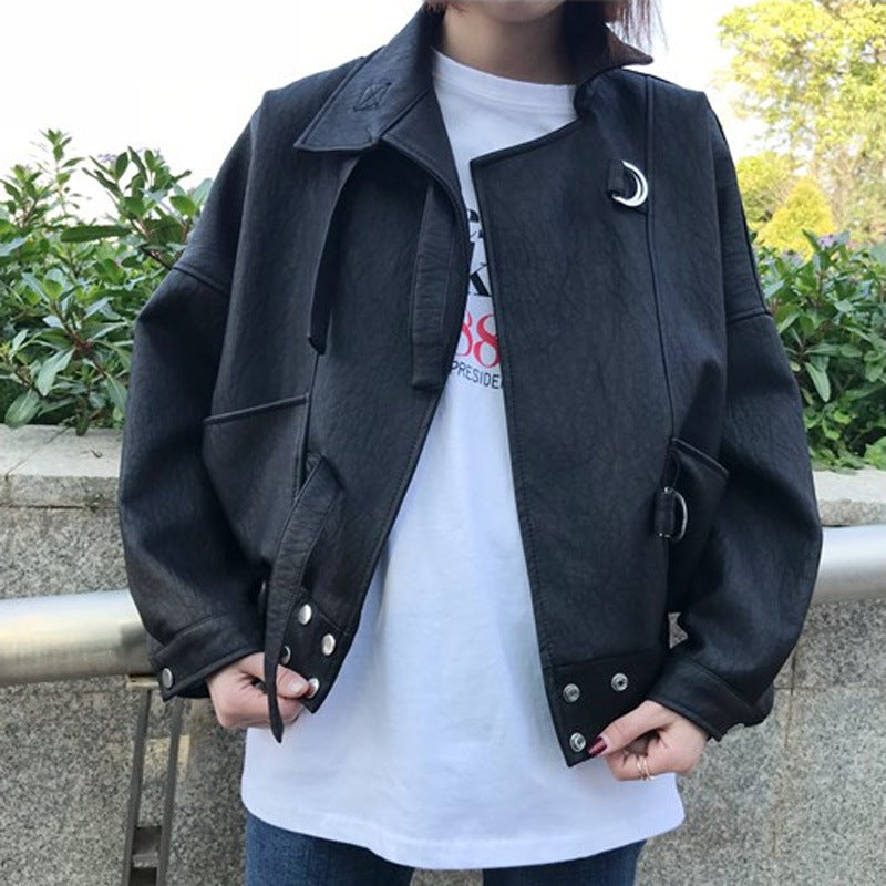 Spring Autumn Leather Jacket Coat Korean Black Short Motorcycle Faux Leather Batwing Sleeve Small Leather Coat Women