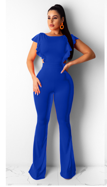 Women Clothing Sexy Women Clothing Flying Sleeves Solid Color Wide Leg Flared Jumpsuit