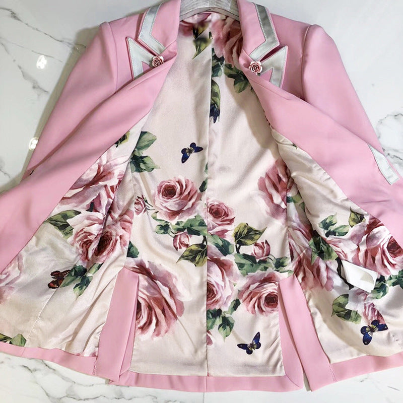 Three Dimensional Rose Buckle Printing Lining Pink Slim Fit Blazer