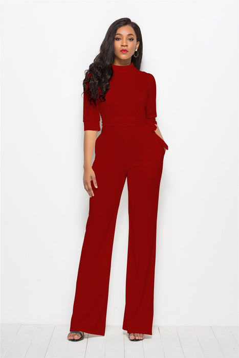 Women Sexy Solid Color Half Sleeve Stand Collar One-Piece Wide-Leg Jumpsuit