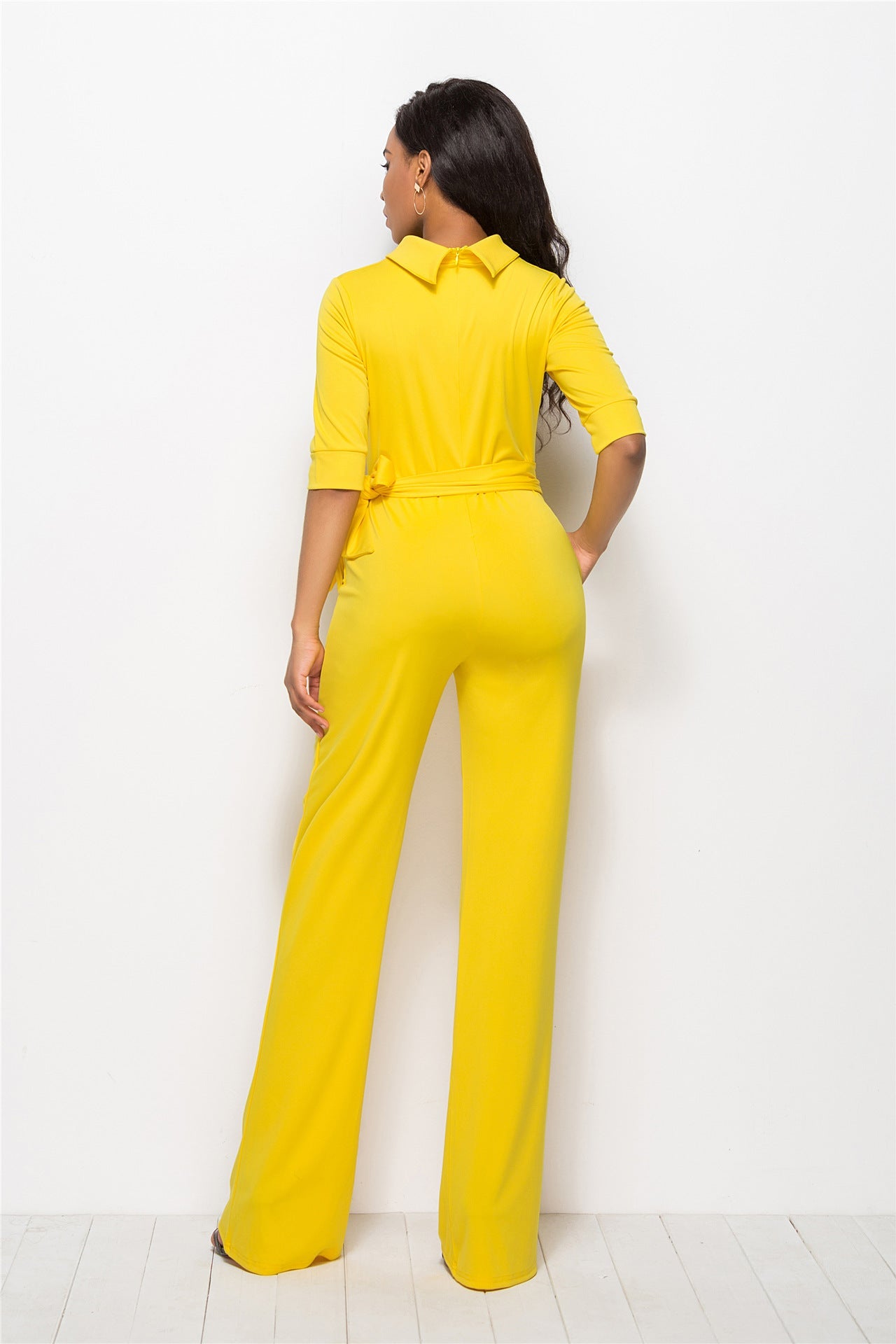 Women Sexy Solid Color Half Sleeve Stand Collar One-Piece Wide-Leg Jumpsuit