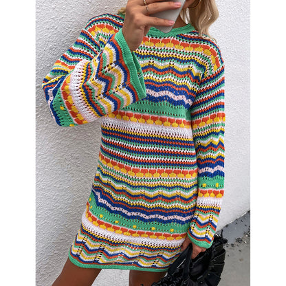 Autumn Winter  round Neck Women Clothing Knitwear Women Rainbow Striped Pullover Mid Length Women Sweater