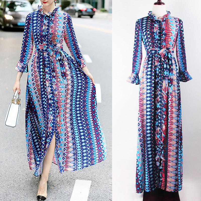 Spring Summer Women  Clothing Wooden Ear Dress Geometric Abstract Print Flared Sleeve Cardigan Loose Dress