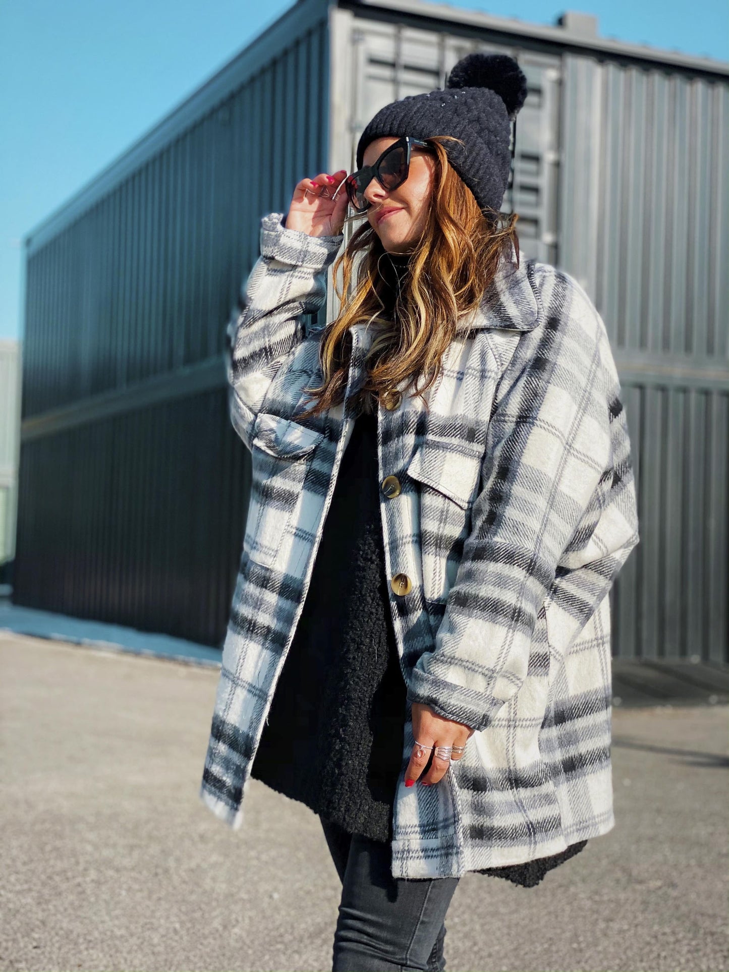 Ladies Shacket Long Sleeve Collared Loose Woolen Plaid Coat Two-Way Wear Thickened