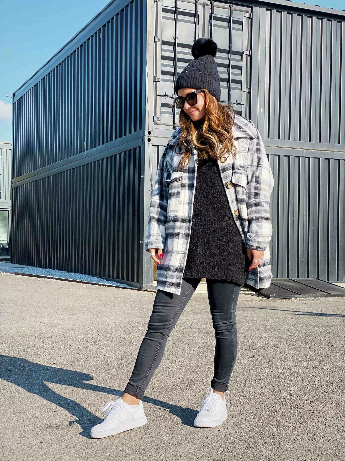 Ladies Shacket Long Sleeve Collared Loose Woolen Plaid Coat Two-Way Wear Thickened