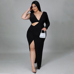 Plus Size Women Clothing Spring Solid Color Single Sleeve Sexy Hollow Out Cutout Maxi Dress