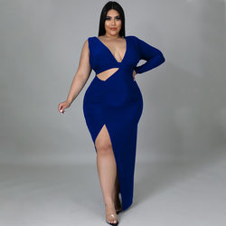 Plus Size Women Clothing Spring Solid Color Single Sleeve Sexy Hollow Out Cutout Maxi Dress