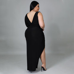 Plus Size Women Clothing Spring Solid Color Single Sleeve Sexy Hollow Out Cutout Maxi Dress