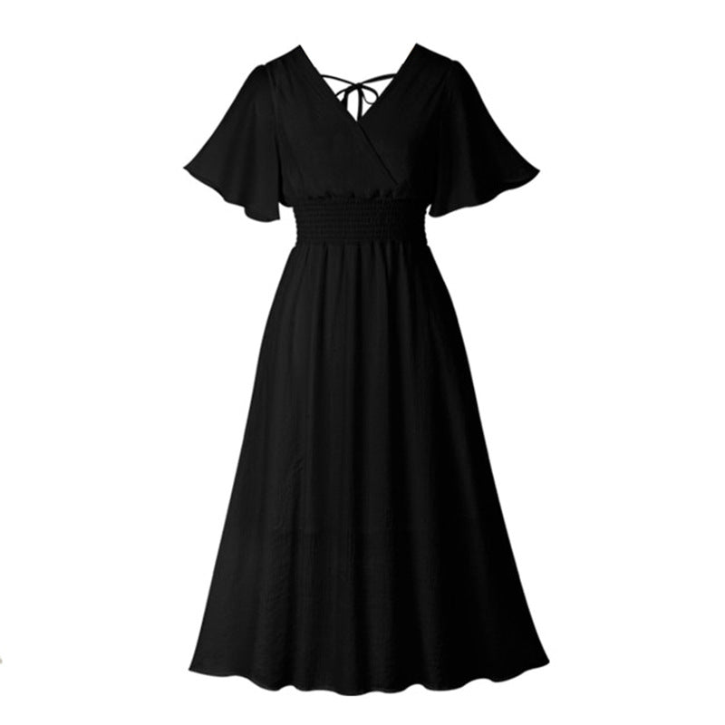 Summer Women Clothing Solid Color V Neck Waist Controlled Flying Sleeves Dress