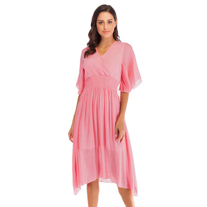 Summer Women Clothing Solid Color V Neck Waist Controlled Flying Sleeves Dress