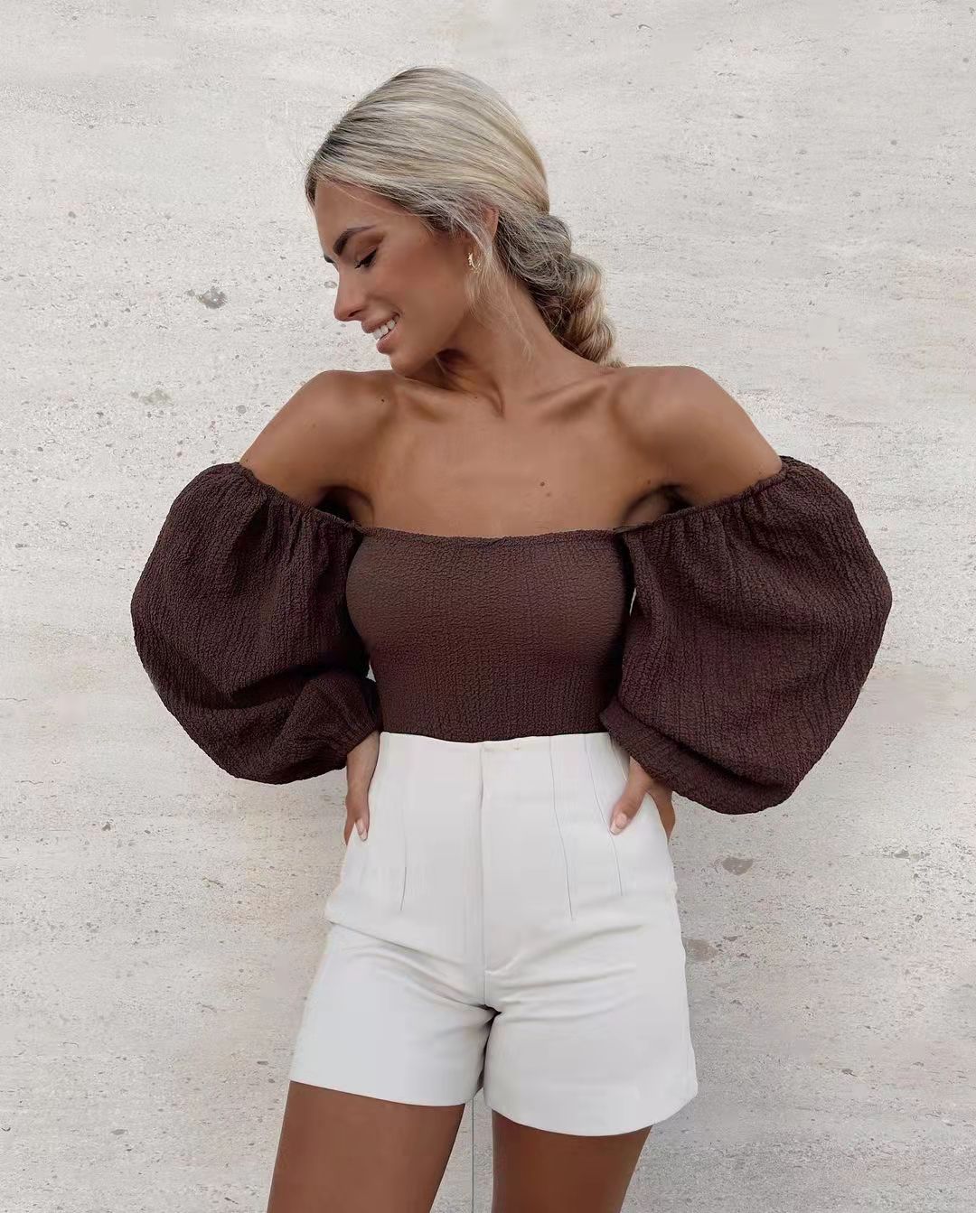 Autumn Sping Bubble Sleeve off-Shoulder Bodysuit off-Shoulder Bodysuit