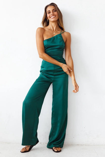 Spring New Fashion Elegant One Shoulder Collar Belt Free Green Wide Leg Office  for Women Jumpsuit