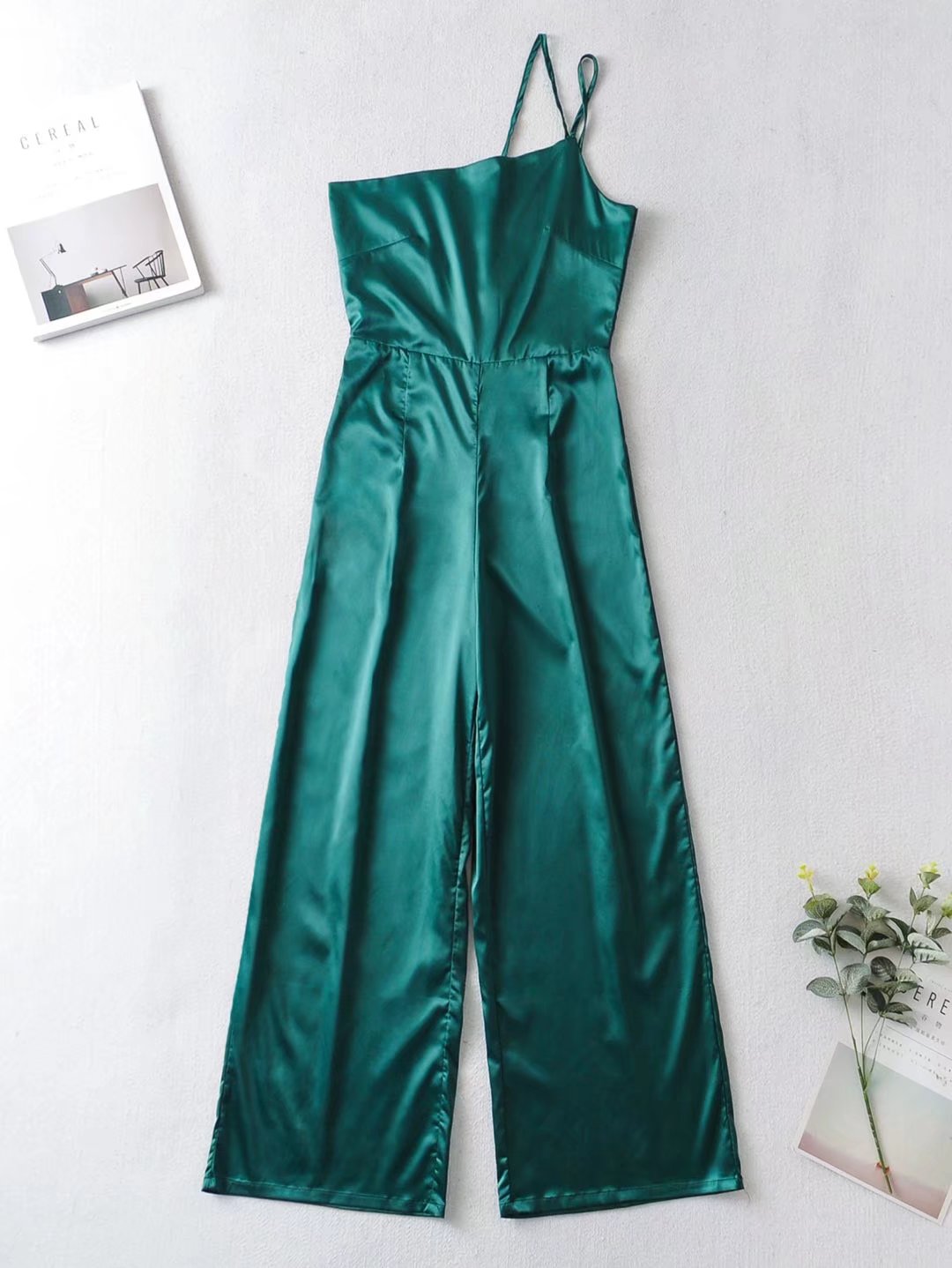 Spring New Fashion Elegant One Shoulder Collar Belt Free Green Wide Leg Office  for Women Jumpsuit